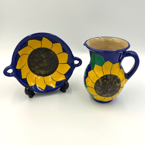Vintage Mexican Talavera Pottery Sunflower Jug & Bowl Hand Painted Folk Art Boho - Picture 1 of 10